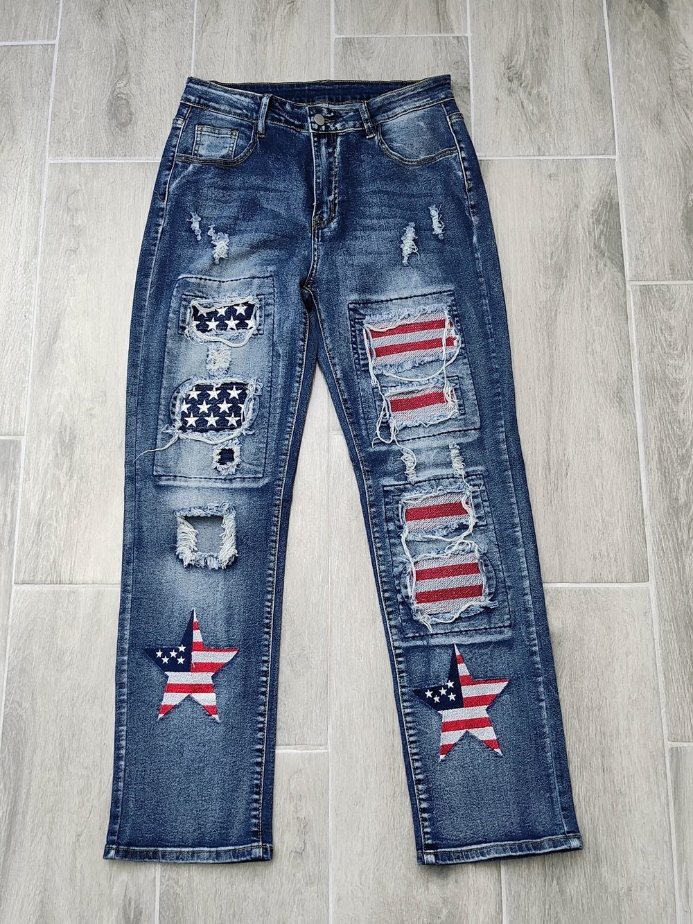 Women’s Straight Leg Distressed Jeans with American Flag Patches - Blue